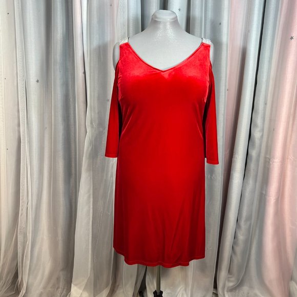 MSK Red Cold Shoulder Velvet Dress, 14 - Picture 2 of 12